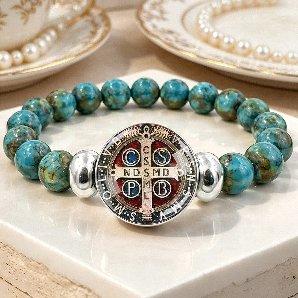 Turquoise Bead & Saint Benedict Bracelet