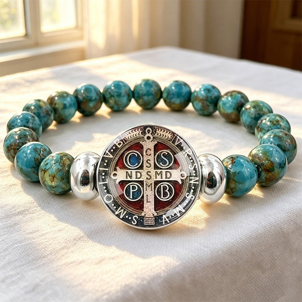 Turquoise Bead & Saint Benedict Bracelet