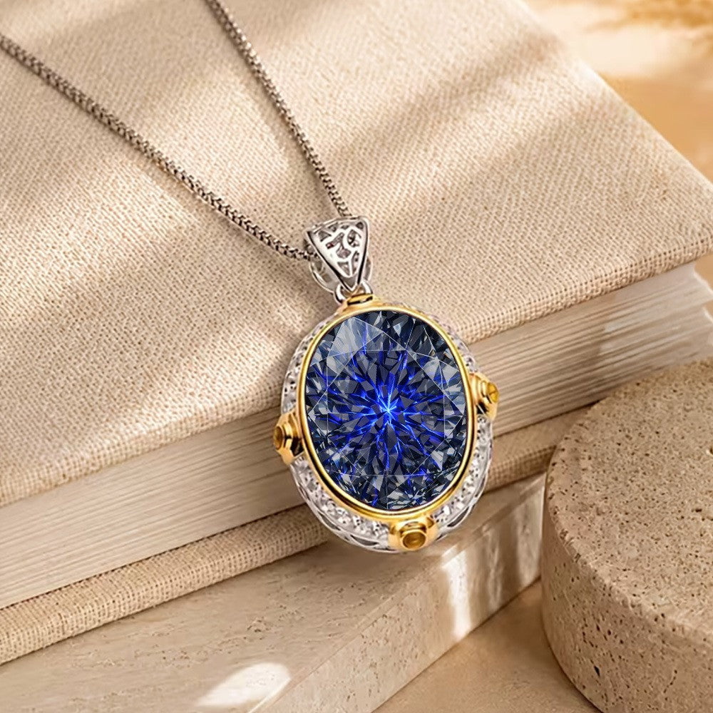 Blue Faceted Oval Pendant Necklace