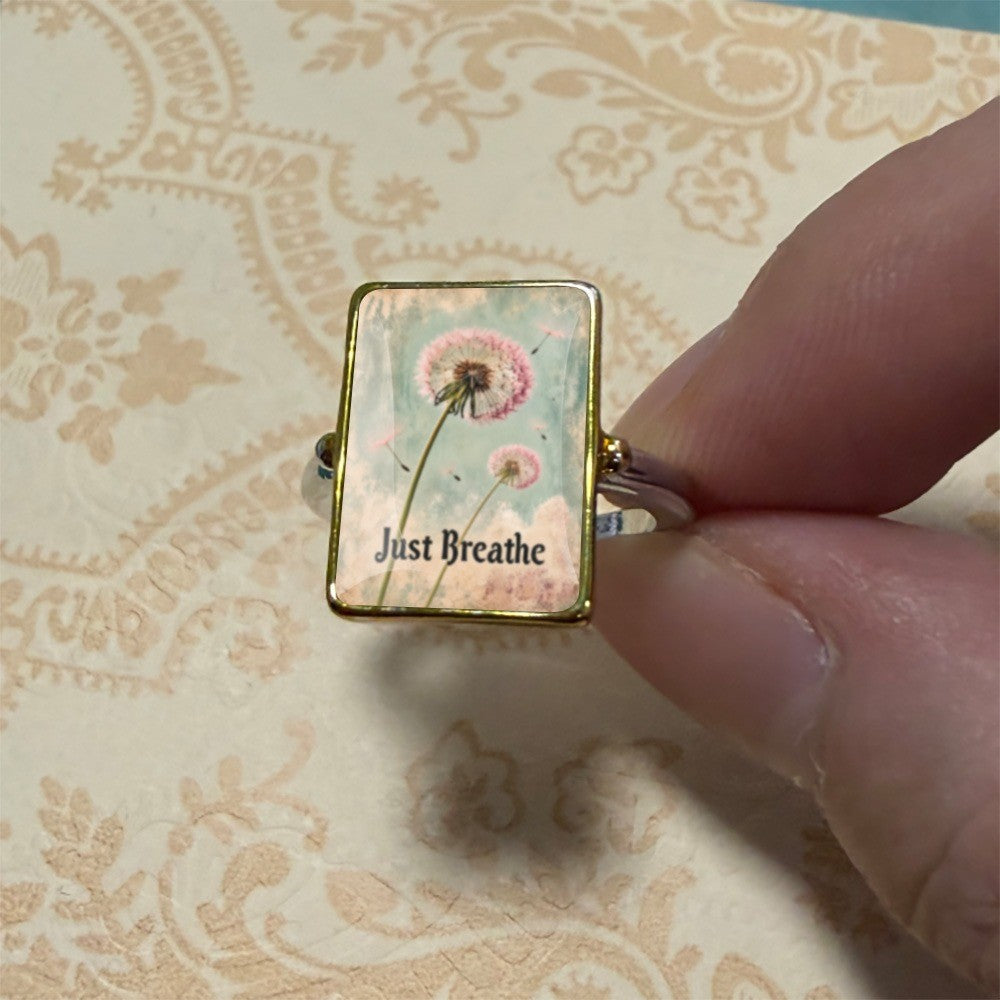 Pink Dandelion Just Breathe Square Ring