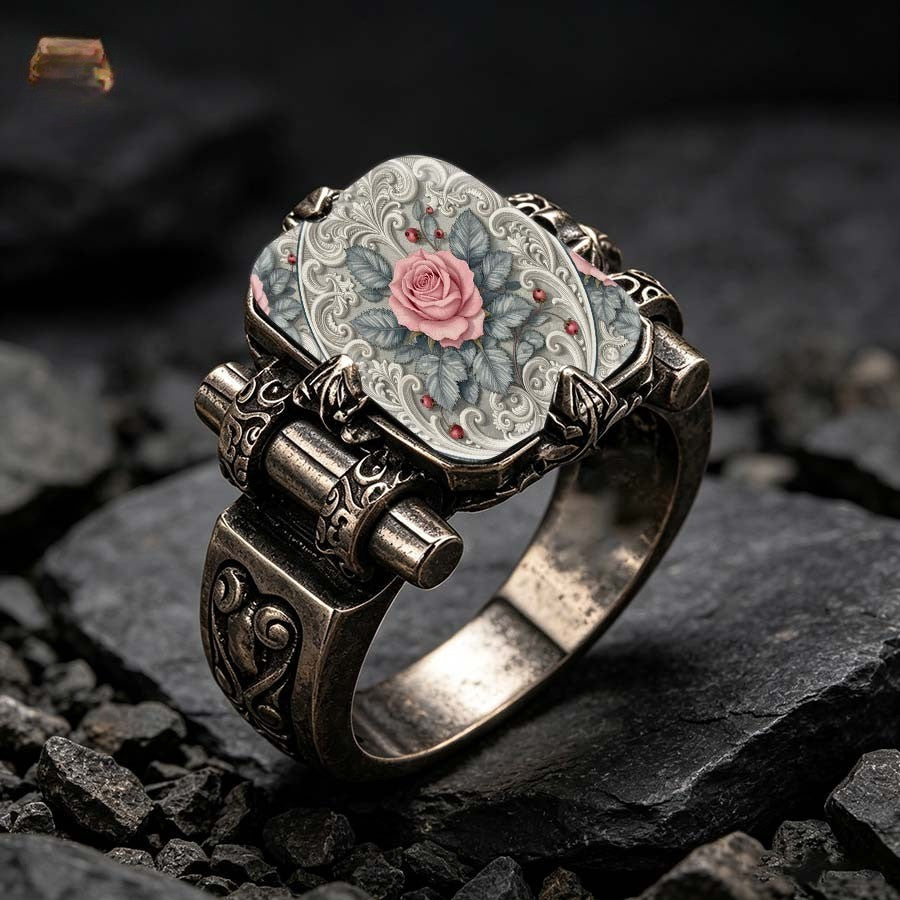 Pink Rose Scrollwork Hinge Ring