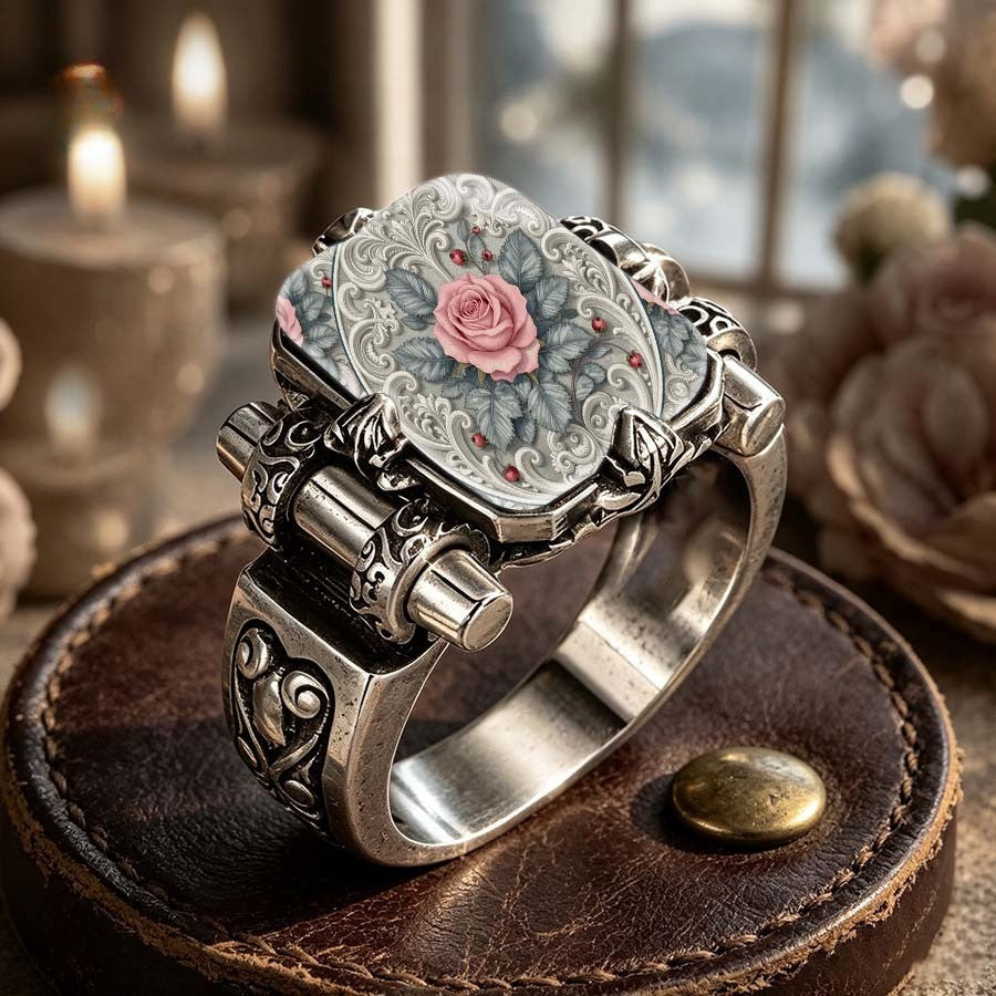 Pink Rose Scrollwork Hinge Ring