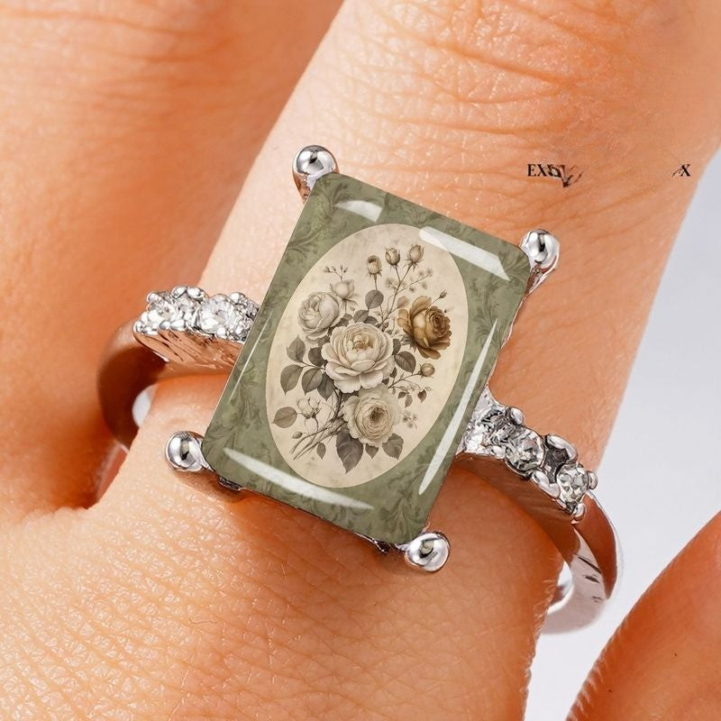 Sage Floral Rectangle Ring