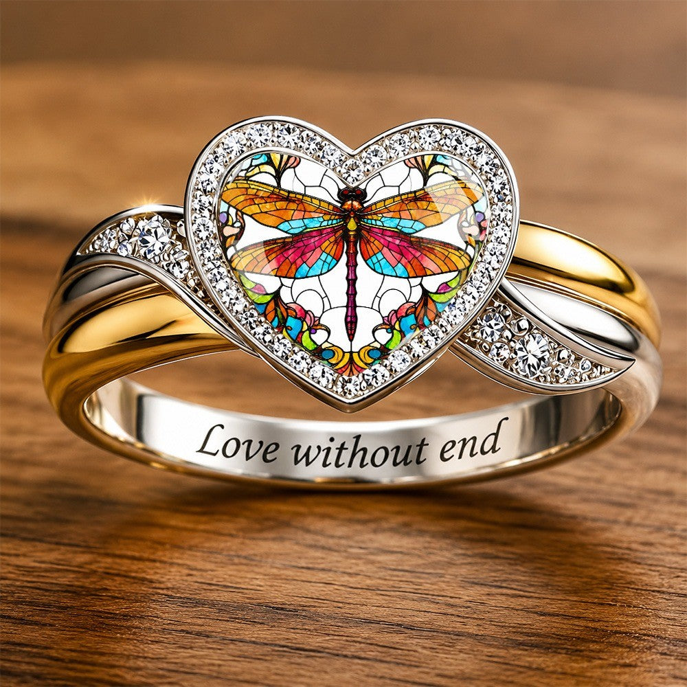 Stained Glass Dragonfly Heart Ring