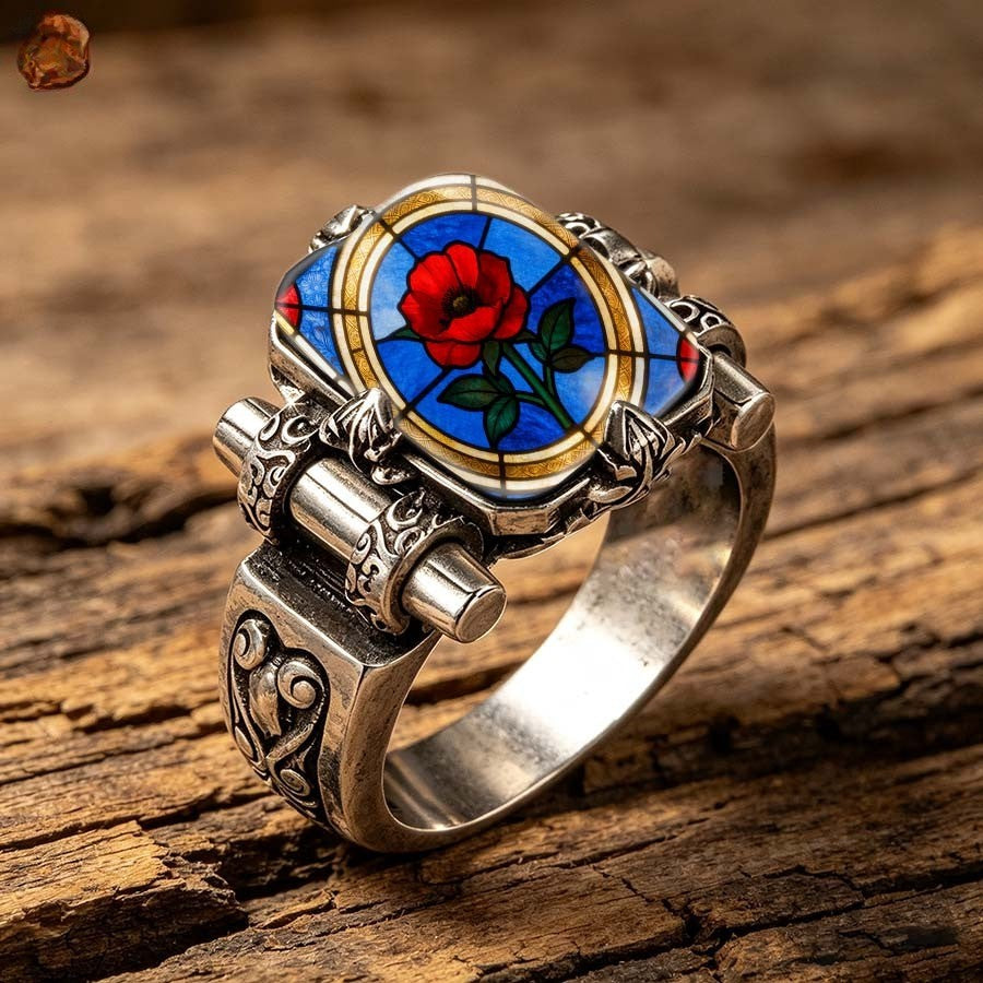 Red Rose Stained Glass Scroll Ring