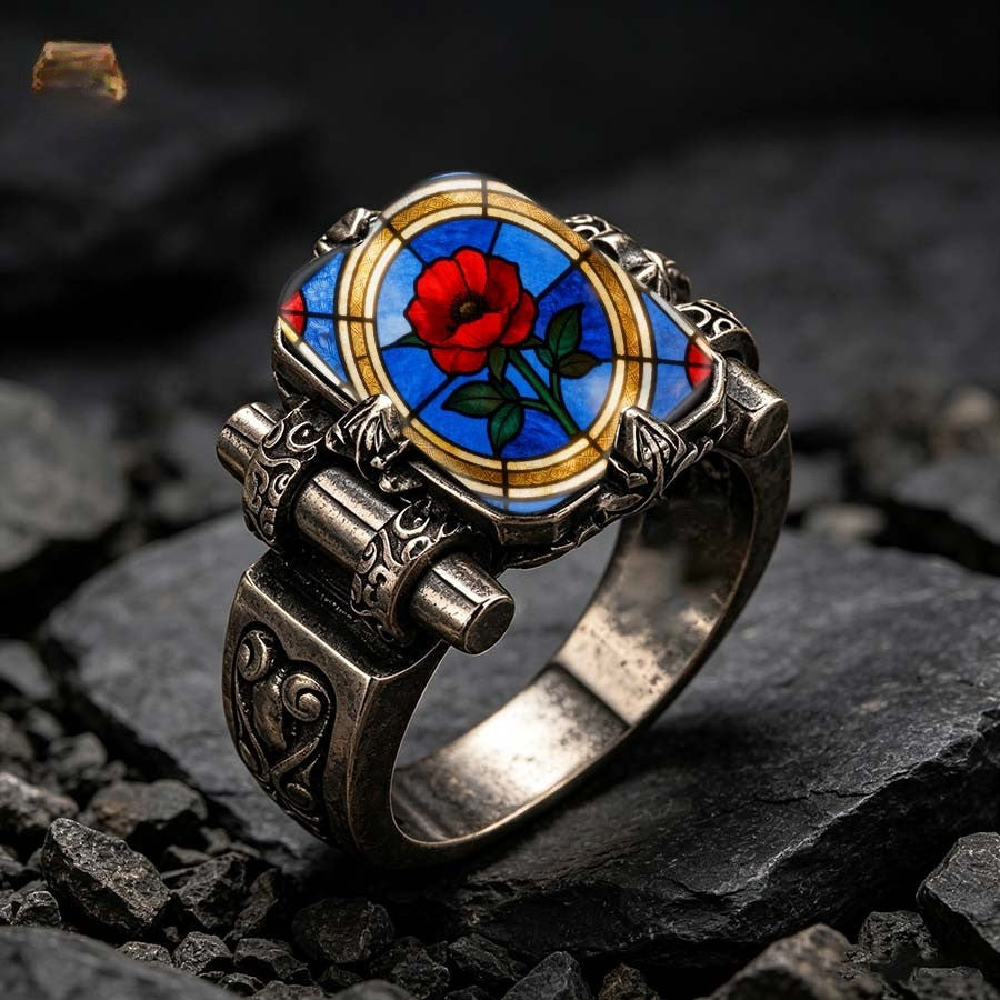 Red Rose Stained Glass Scroll Ring