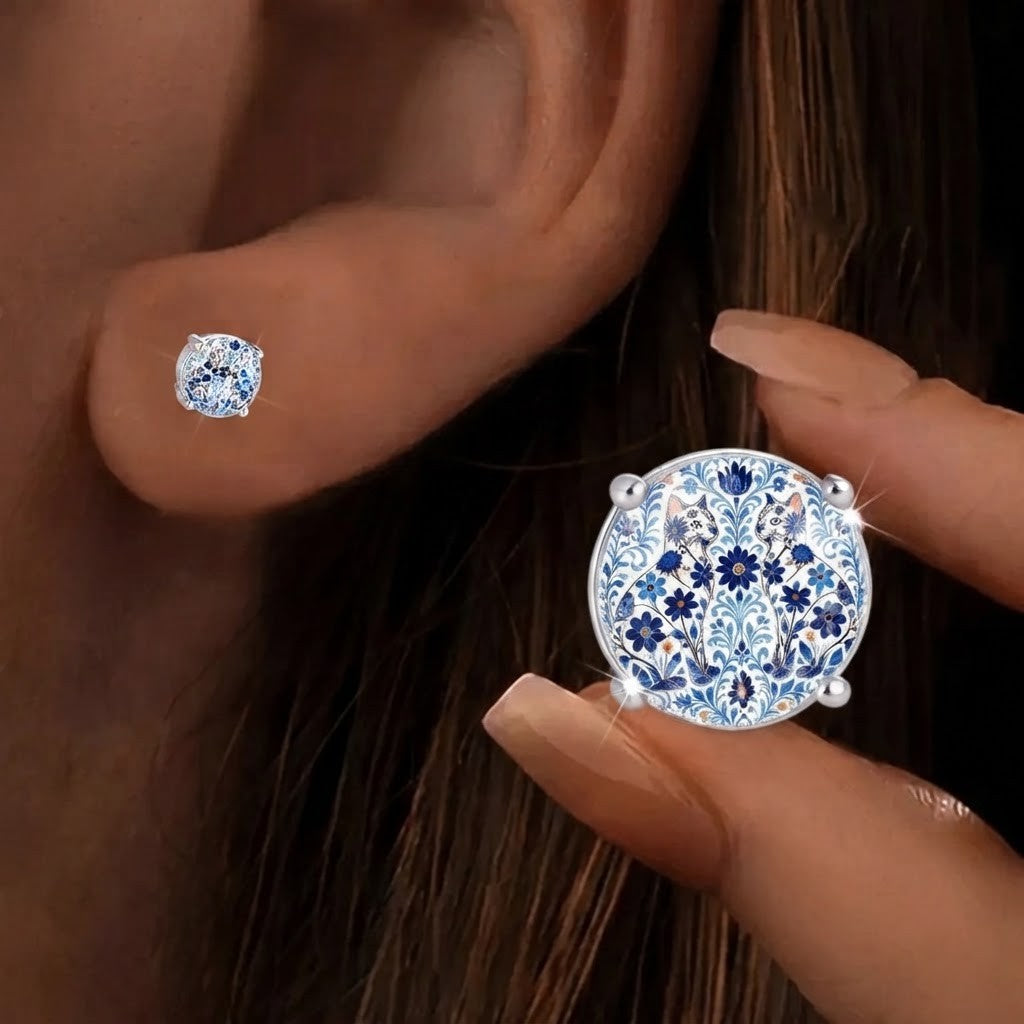 Blue Floral Cat Dome Stud Earrings