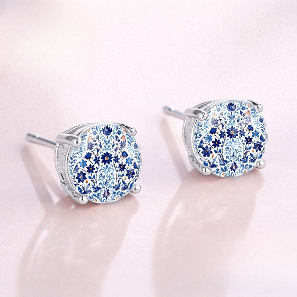 Blue Floral Cat Dome Stud Earrings