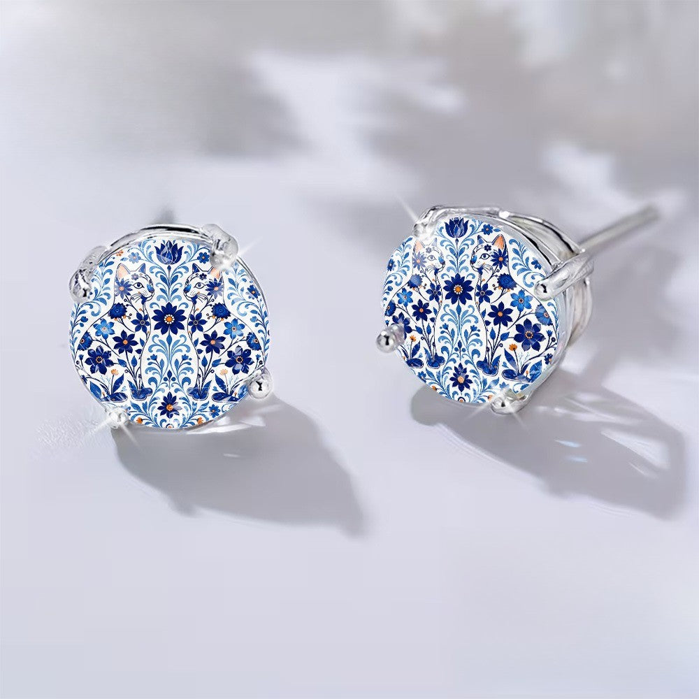 Blue Floral Cat Dome Stud Earrings
