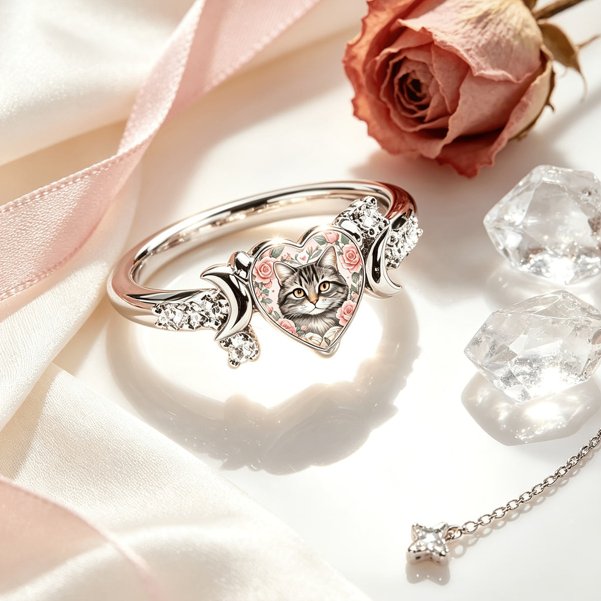 Cat & Rose Heart Ring