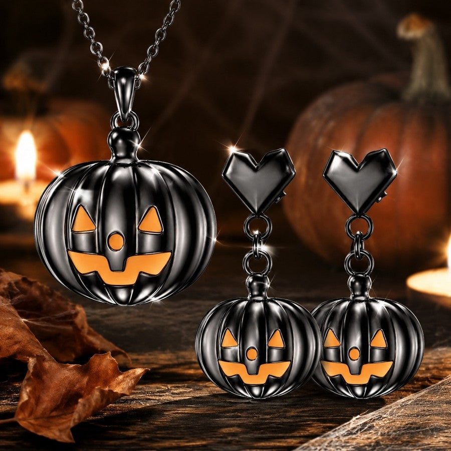 Black Pumpkin & Heart Drop Jewelry Set