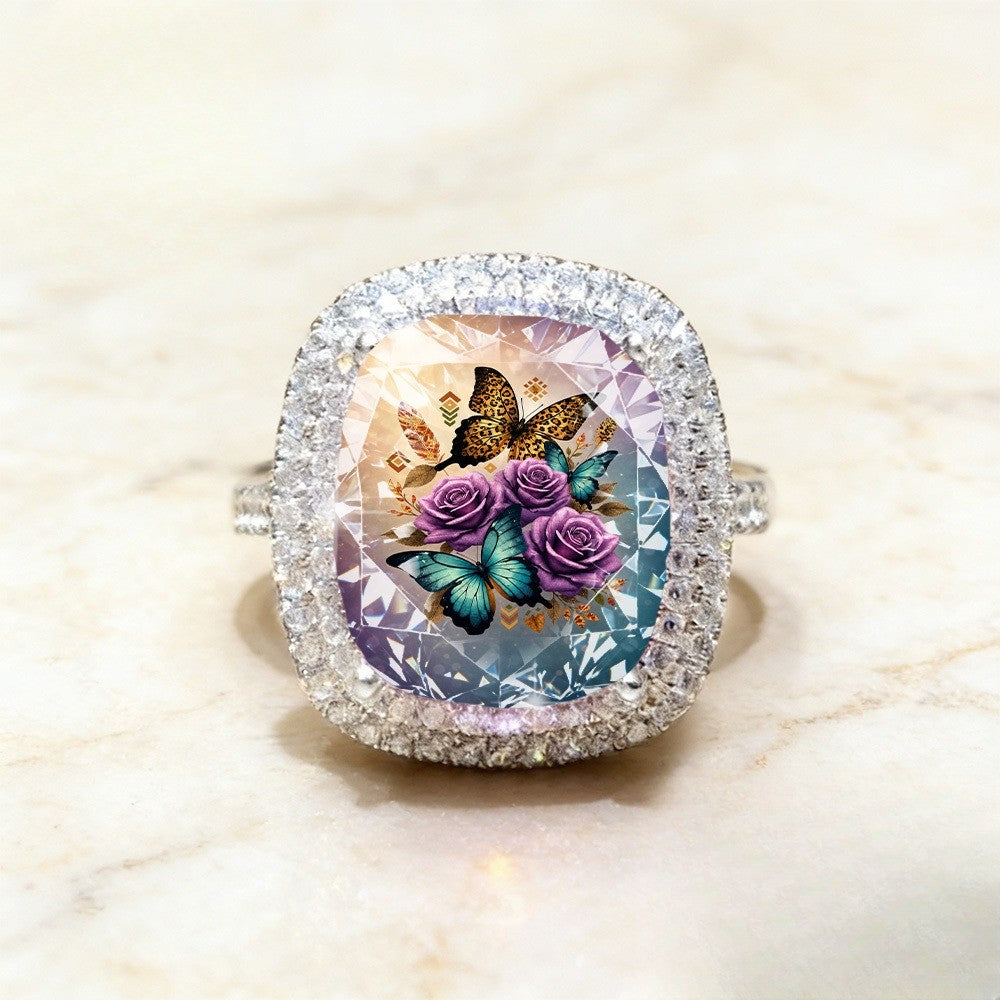 Leopard Butterfly & Rose Square Ring