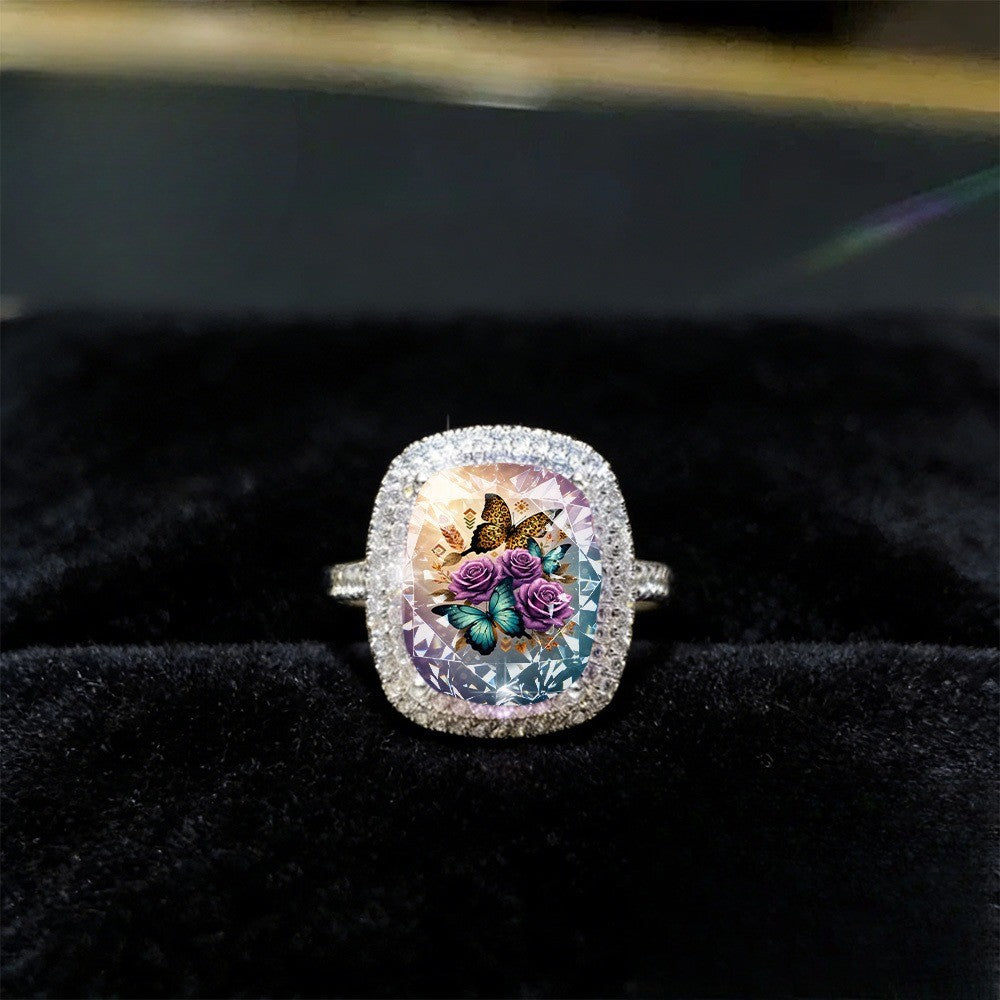 Leopard Butterfly & Rose Square Ring