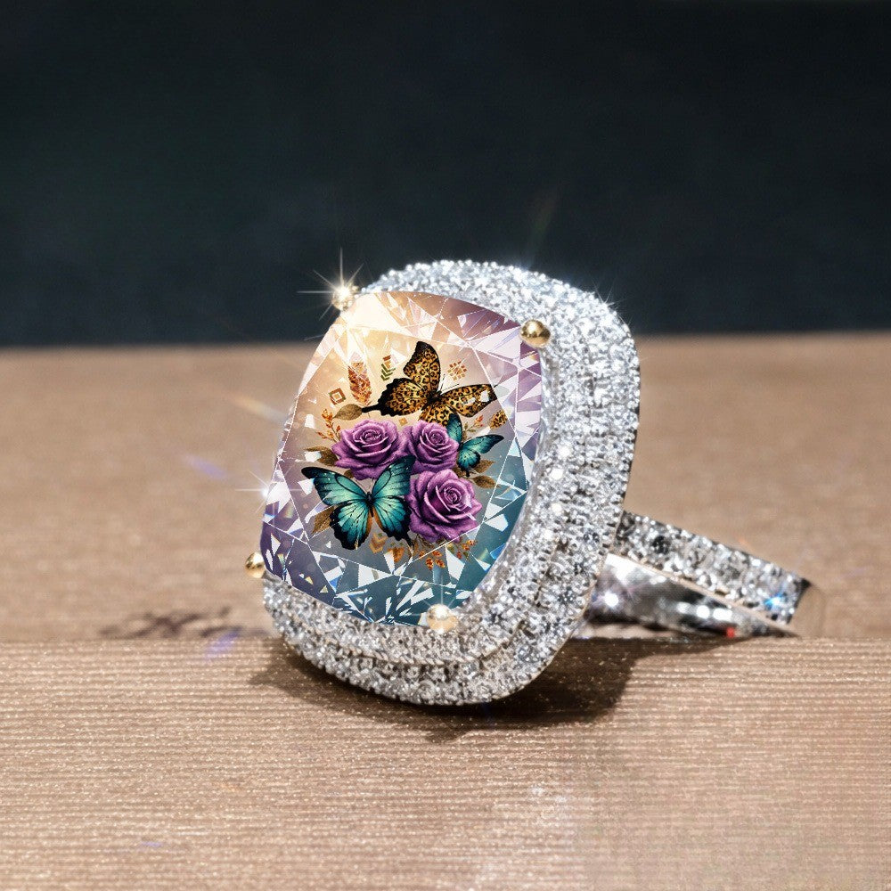 Leopard Butterfly & Rose Square Ring