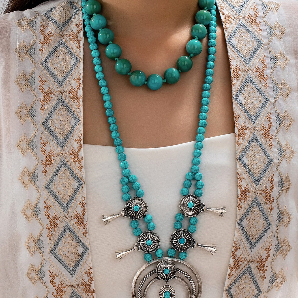 Turquoise Beaded Sunburst & Crescent Necklace
