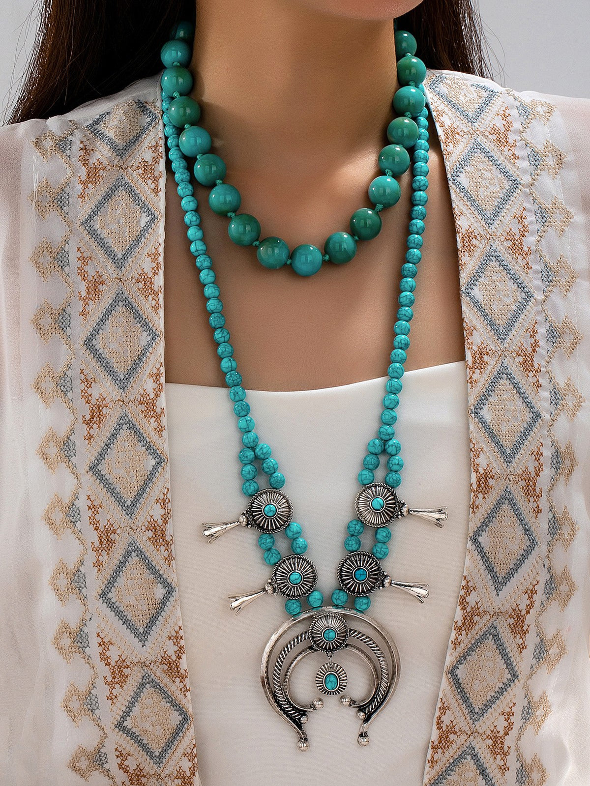 Turquoise Beaded Sunburst & Crescent Necklace