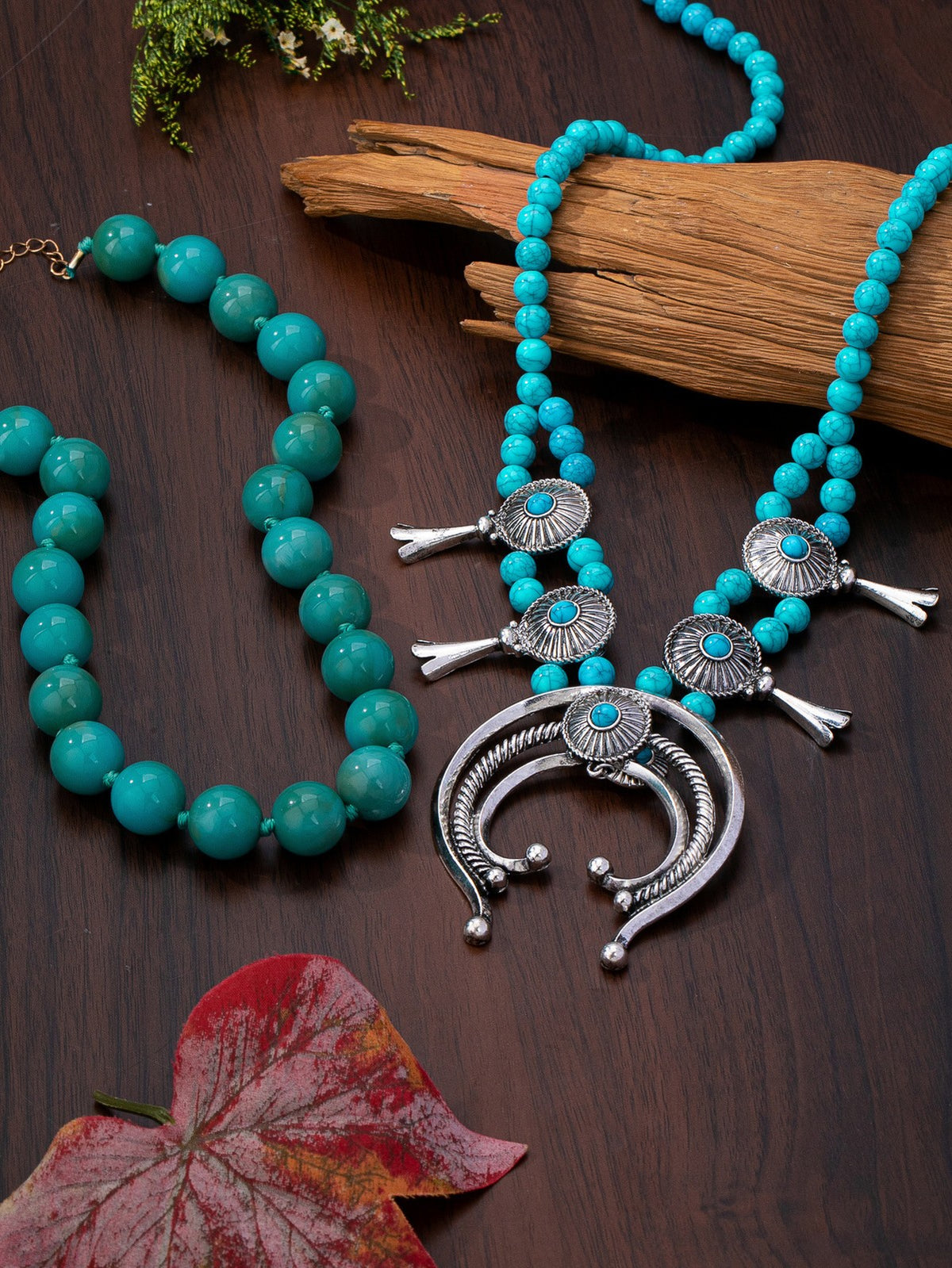 Turquoise Beaded Sunburst & Crescent Necklace