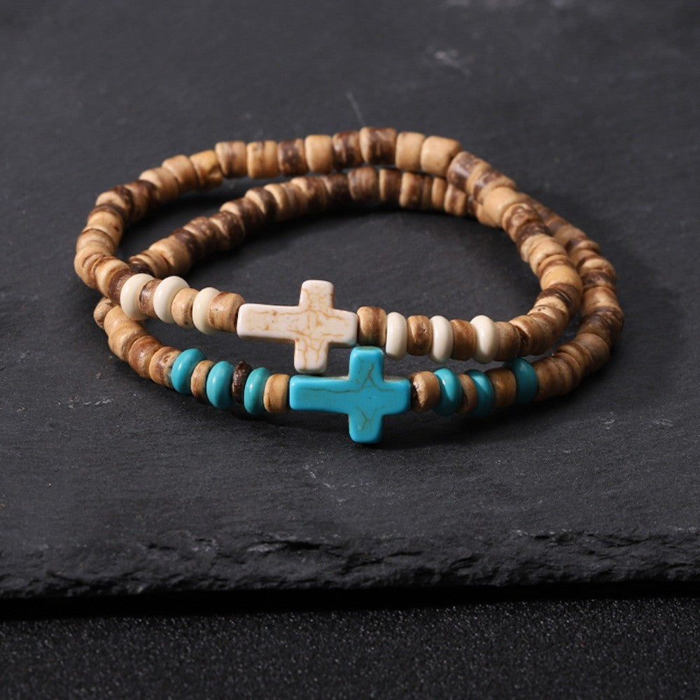 Wood Grain & Turquoise Cross Bracelet