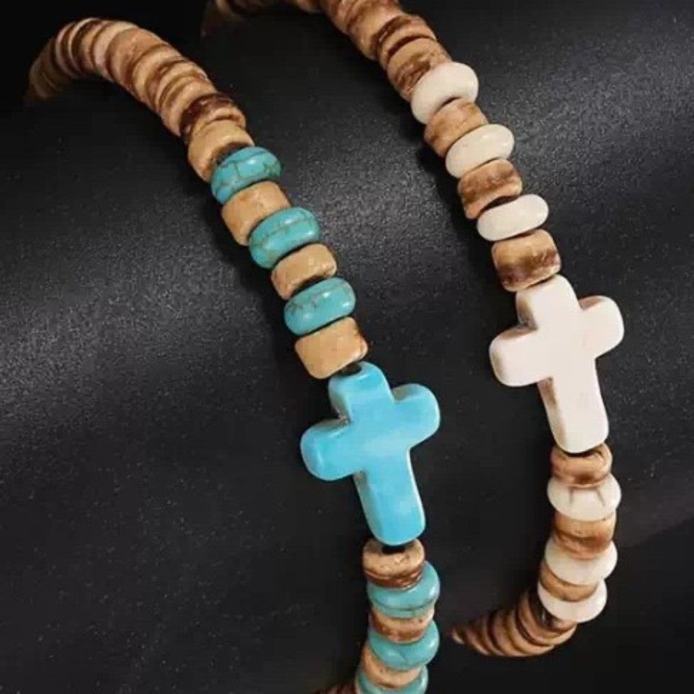 Wood Grain & Turquoise Cross Bracelet