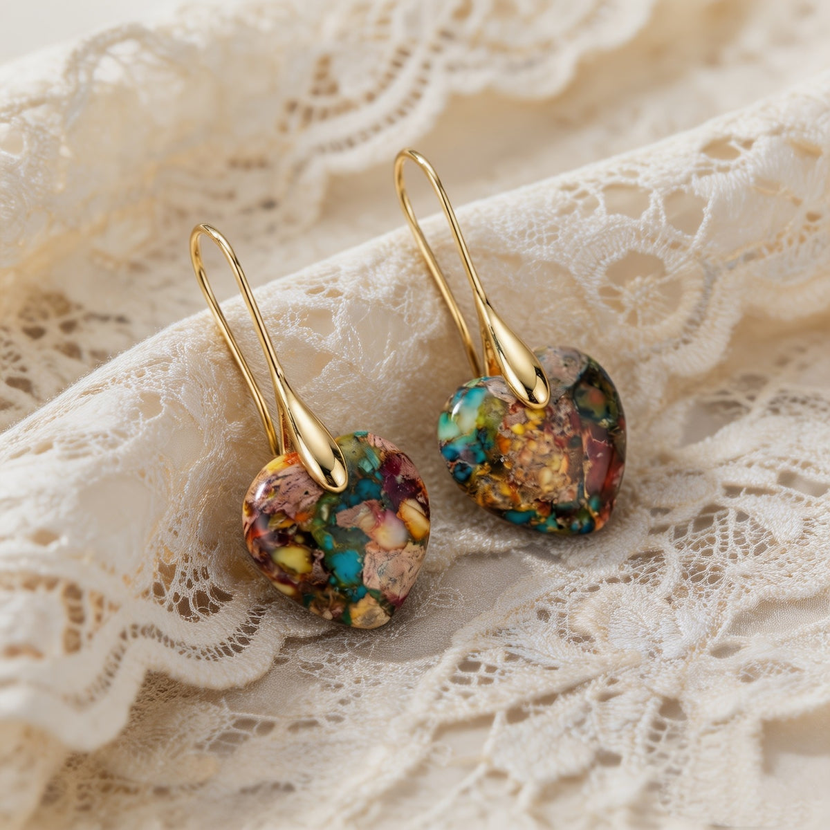 Multicolor Stone Heart Drop Earrings