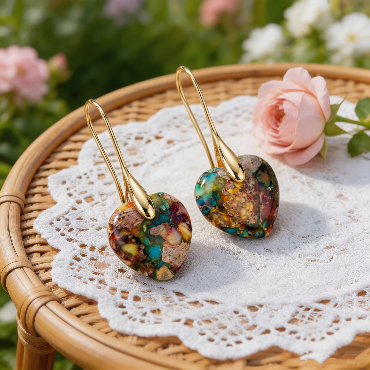 Multicolor Stone Heart Drop Earrings