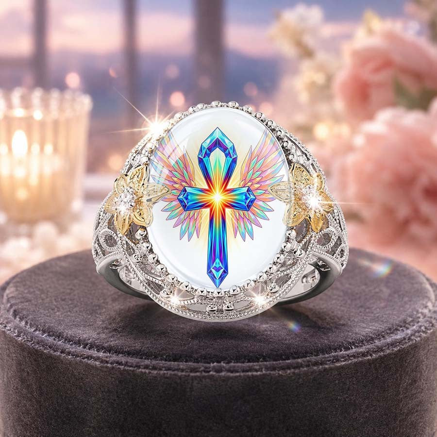 Iridescent Ankh & Wing Ring