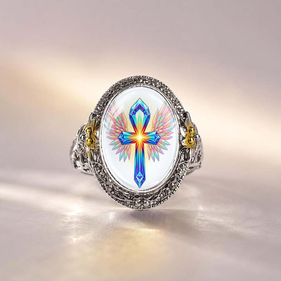 Iridescent Ankh & Wing Ring