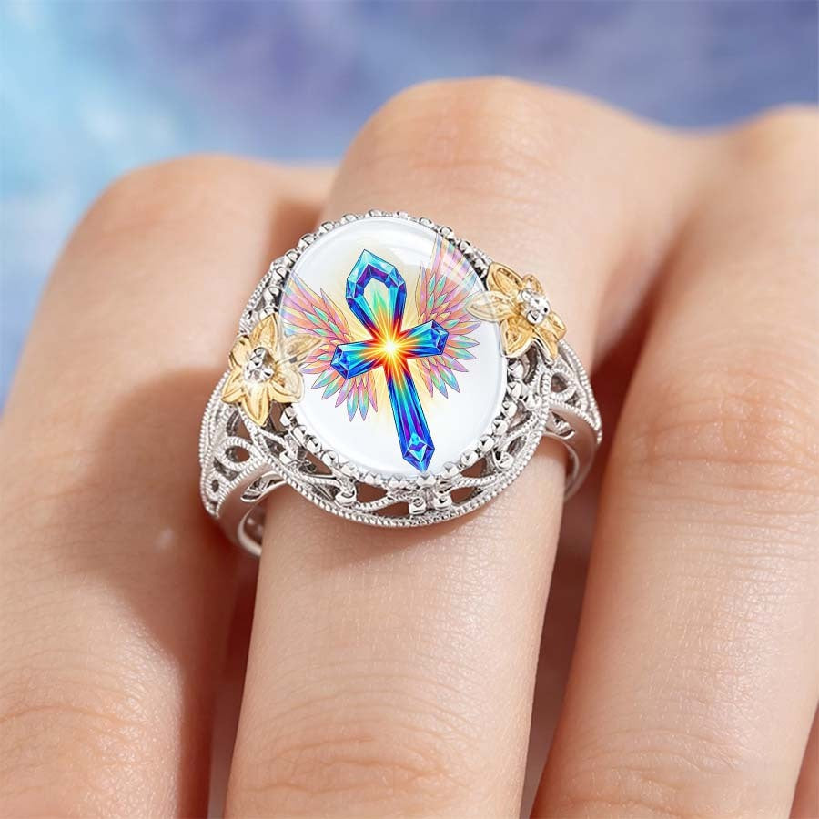 Iridescent Ankh & Wing Ring