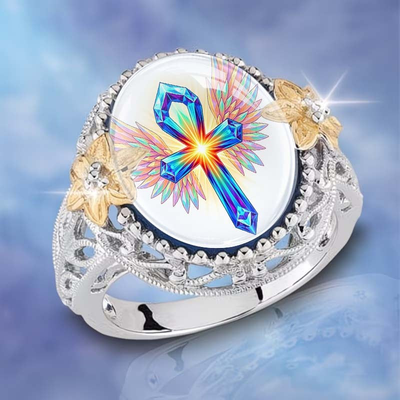 Iridescent Ankh & Wing Ring