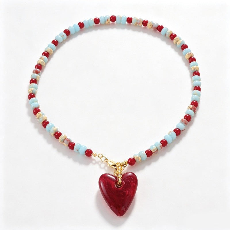 Red Heart Stone Bead Necklace