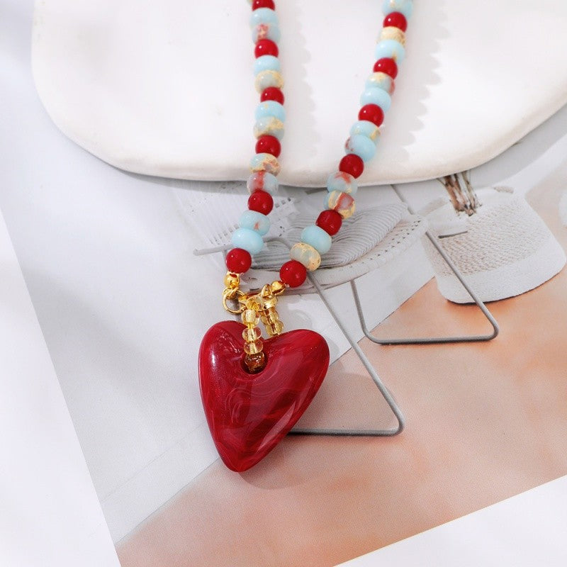 Red Heart Stone Bead Necklace