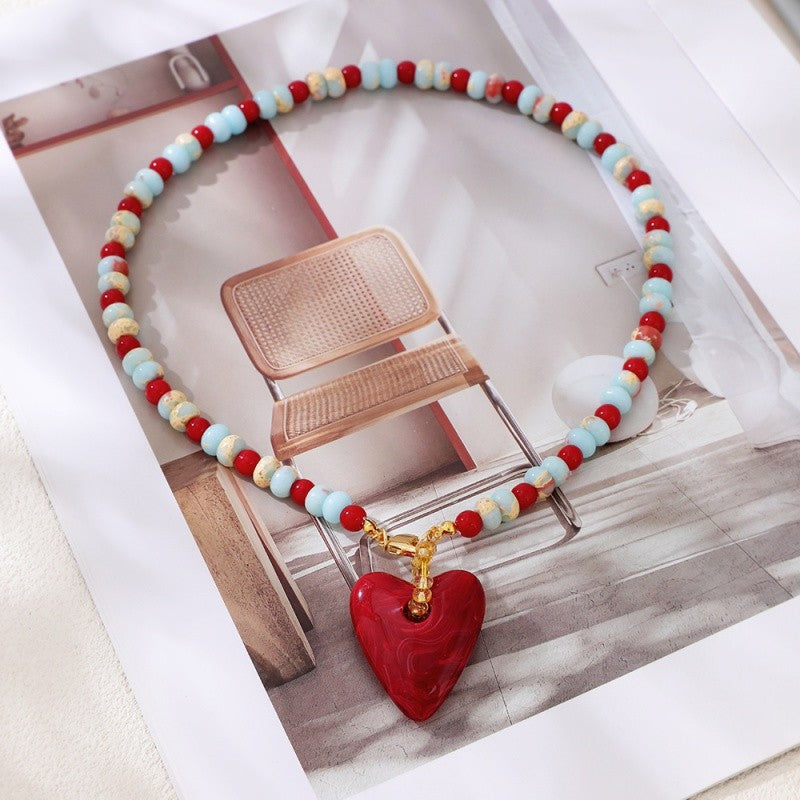 Red Heart Stone Bead Necklace