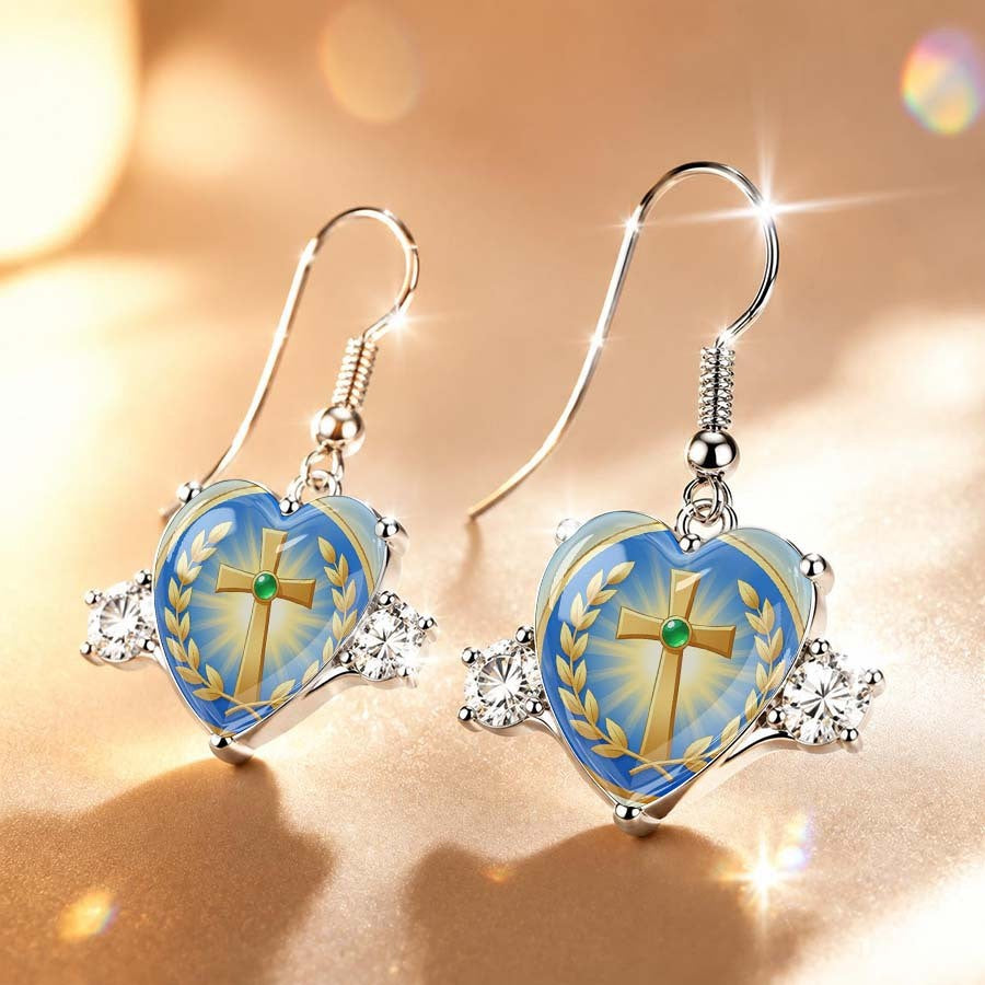 Blue Heart Cross Earrings