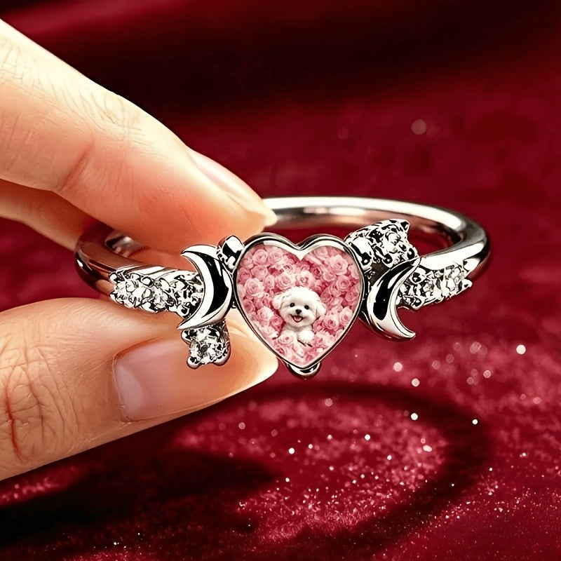 Pink Rose Puppy Heart Ring
