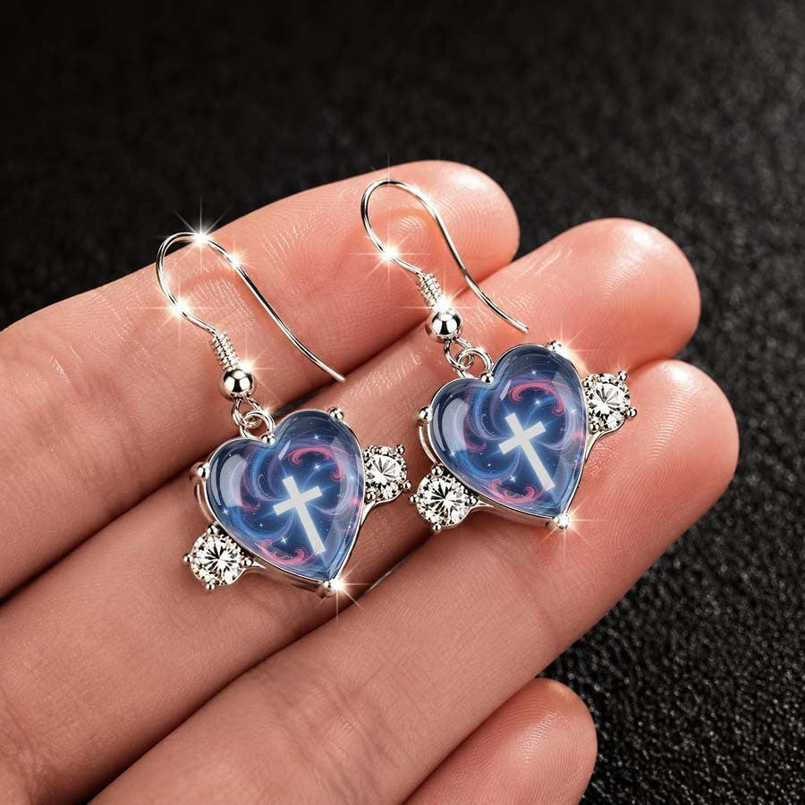 Blue Swirl Cross Heart Dangle Earrings