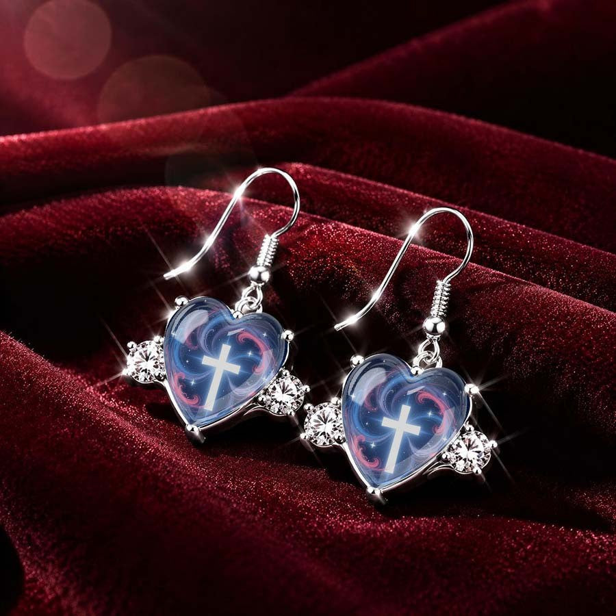Blue Swirl Cross Heart Dangle Earrings
