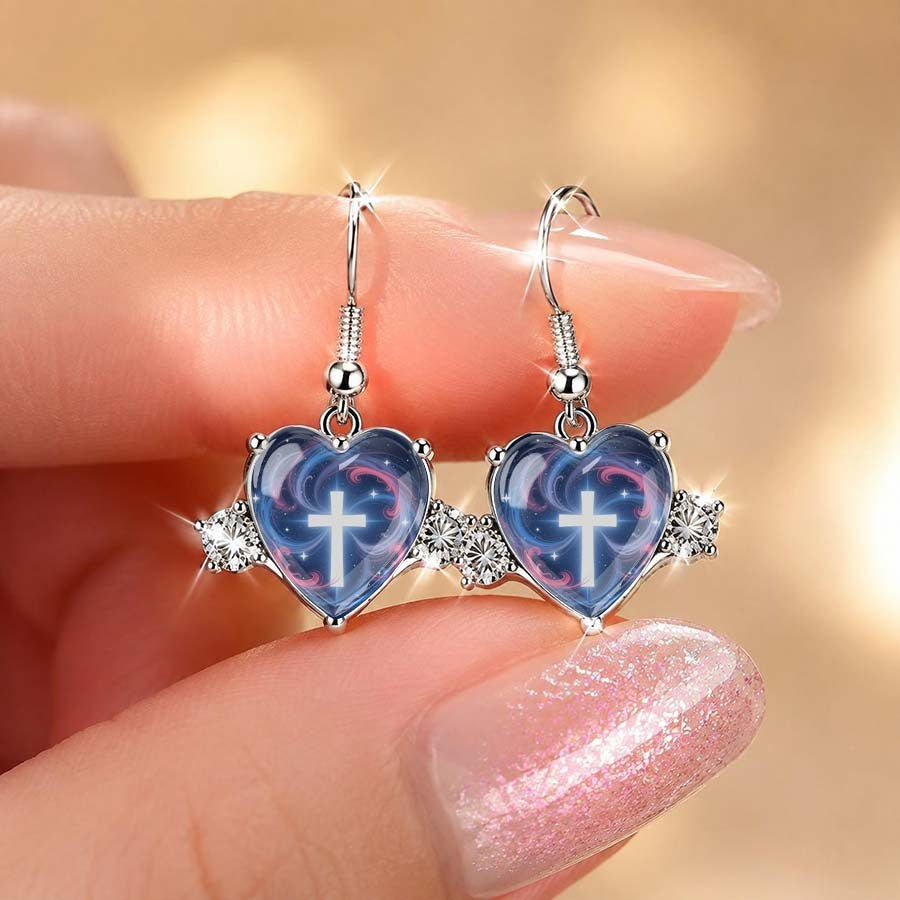 Blue Swirl Cross Heart Dangle Earrings