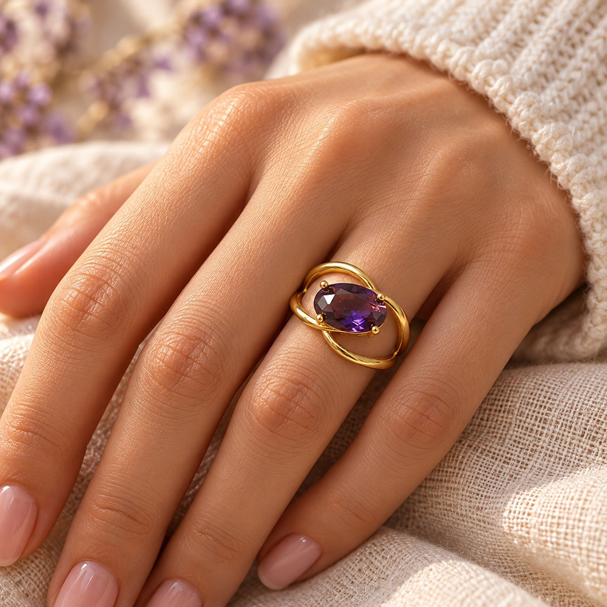 Oval Purple Crystal Interlocking Ring