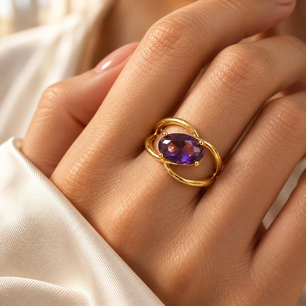 Oval Purple Crystal Interlocking Ring