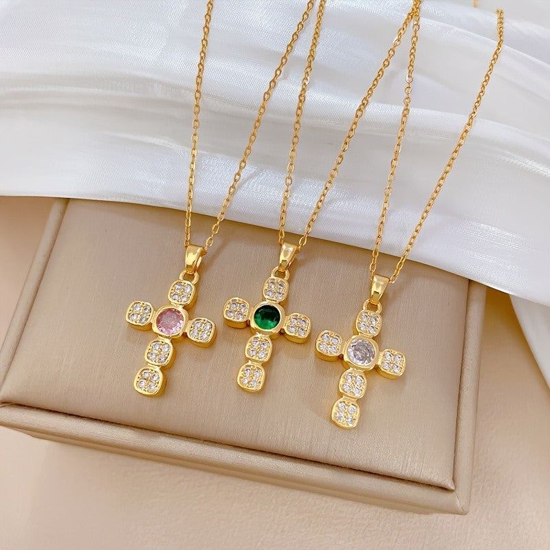 Square Zircon Gemstone Cross Necklace