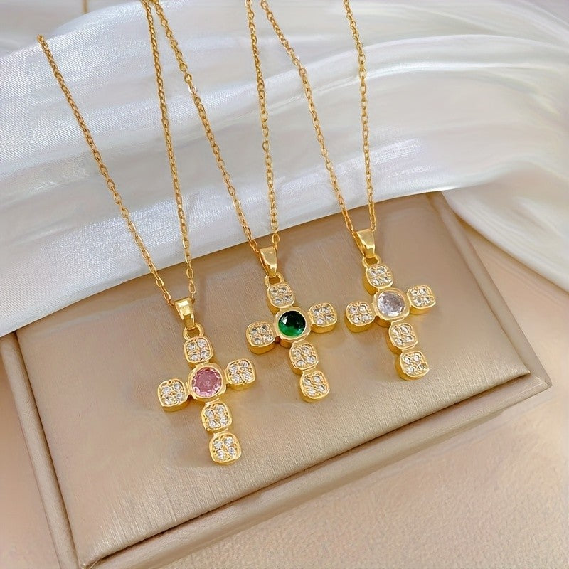 Square Zircon Gemstone Cross Necklace