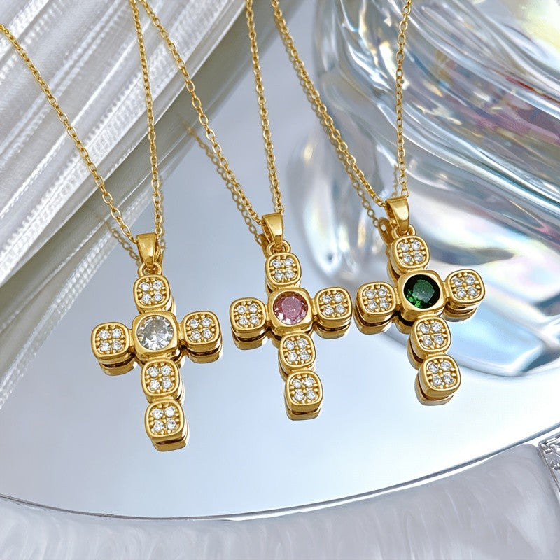 Square Zircon Gemstone Cross Necklace