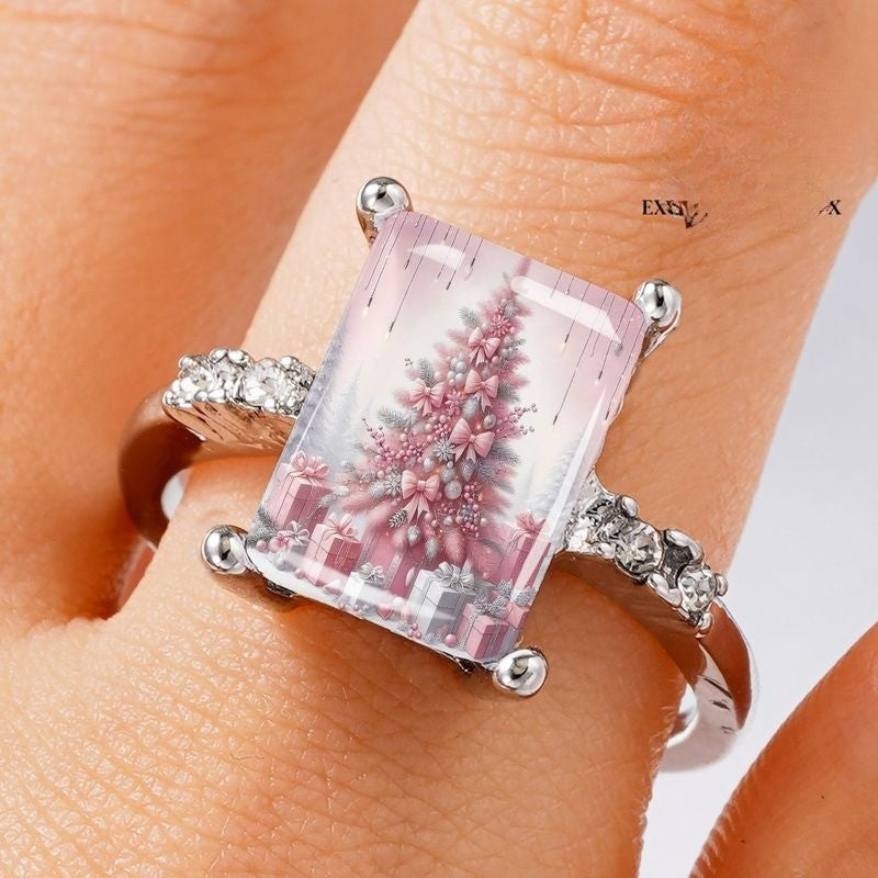 Pink Bow Christmas Tree Rectangular Ring