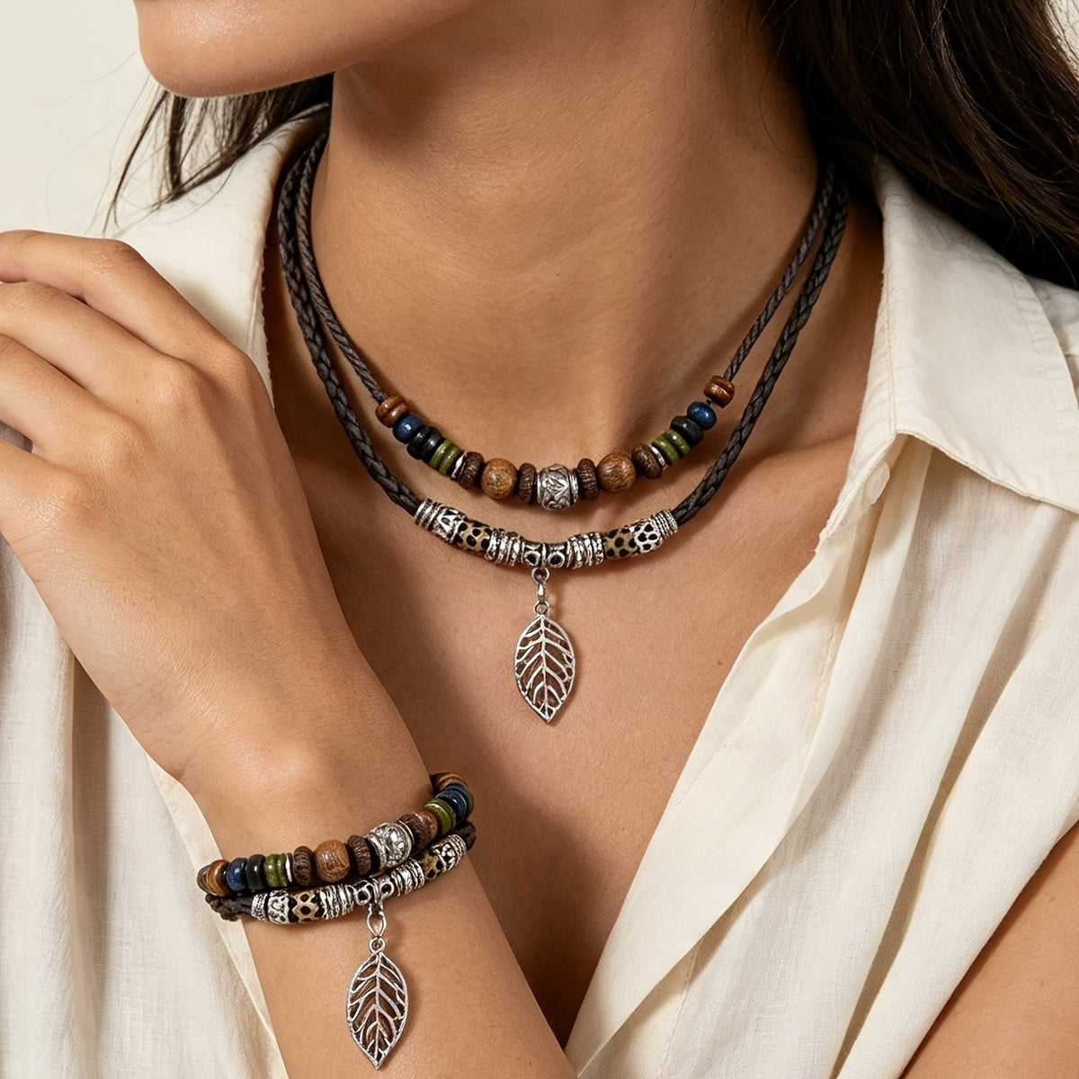 Braided Cord Leaf Charm Necklace & Bracelet Set