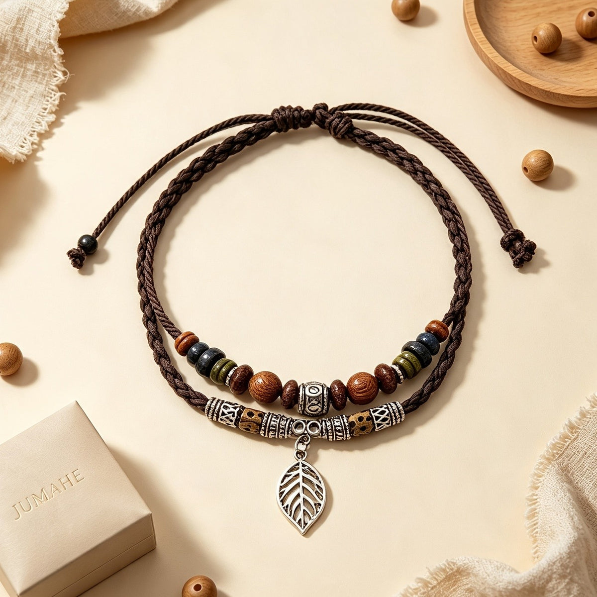 Braided Cord Leaf Charm Necklace & Bracelet Set