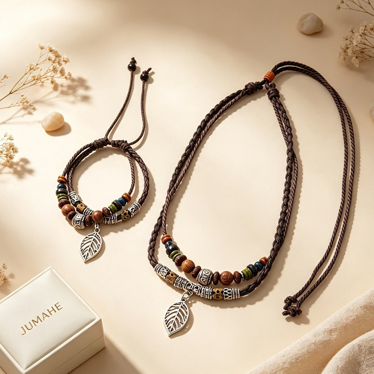 Braided Cord Leaf Charm Necklace & Bracelet Set