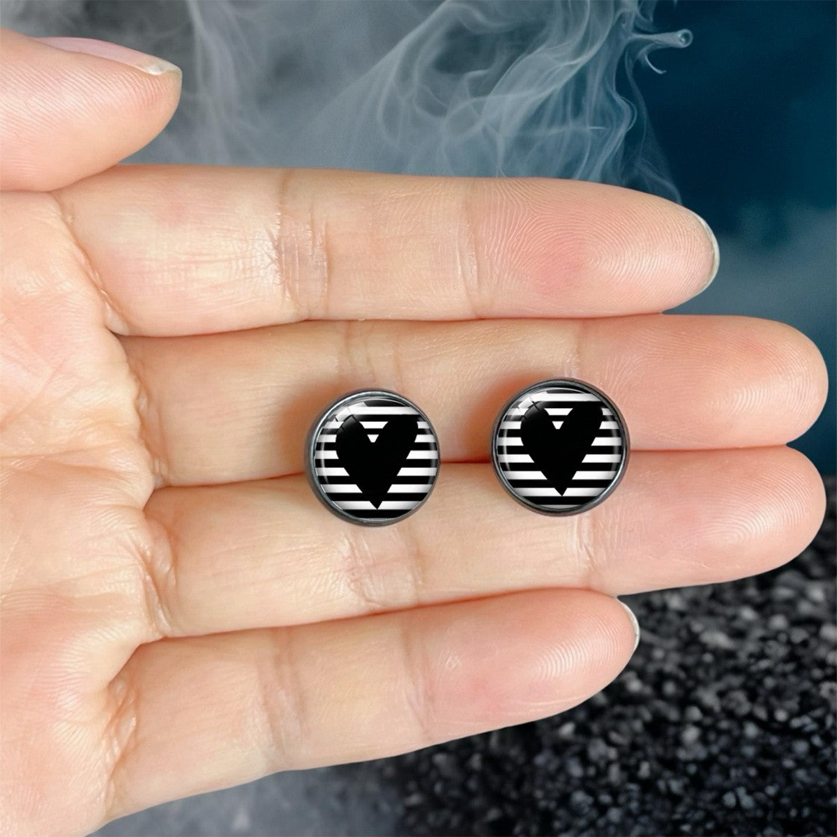 Black & White Striped Heart Stud Earrings