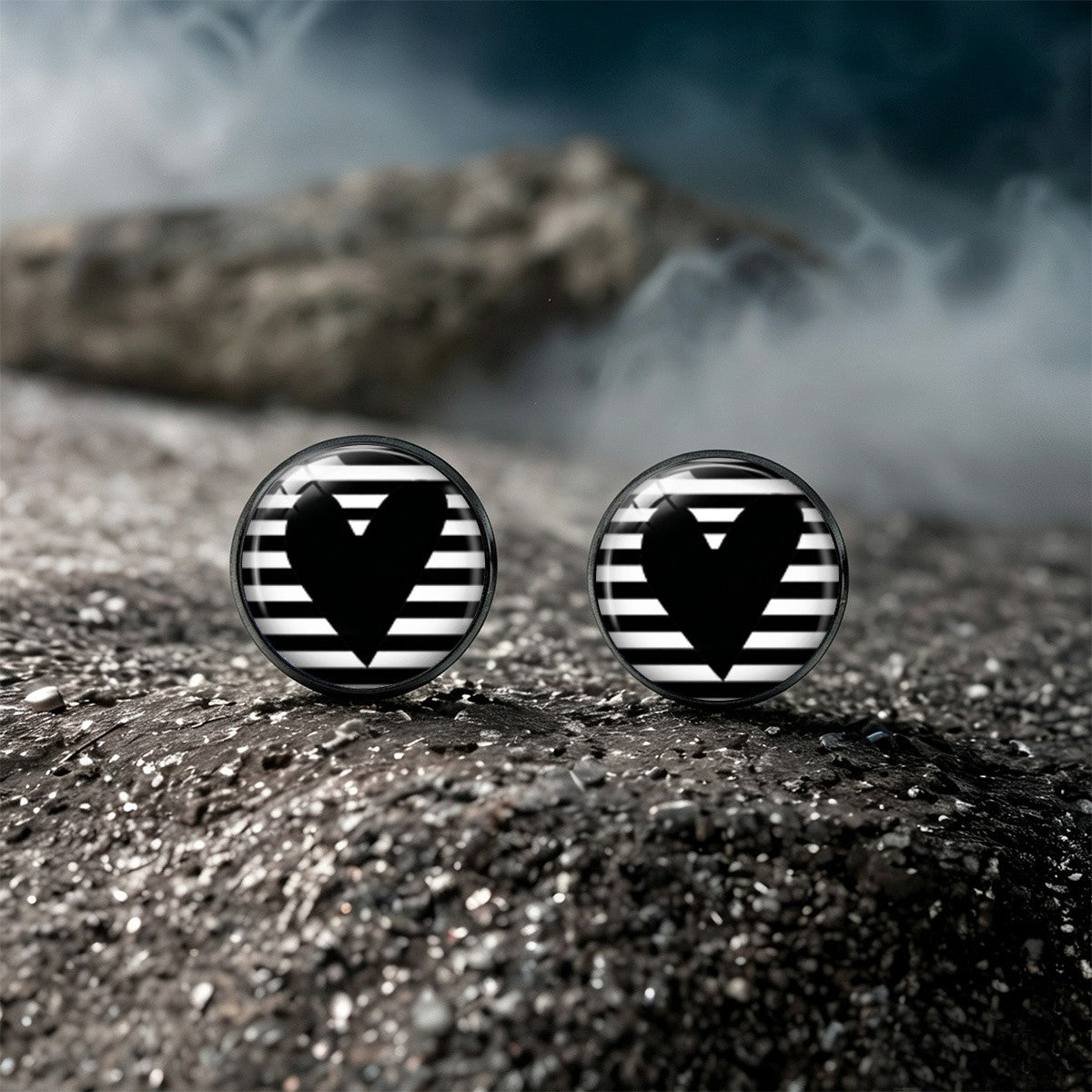 Black & White Striped Heart Stud Earrings