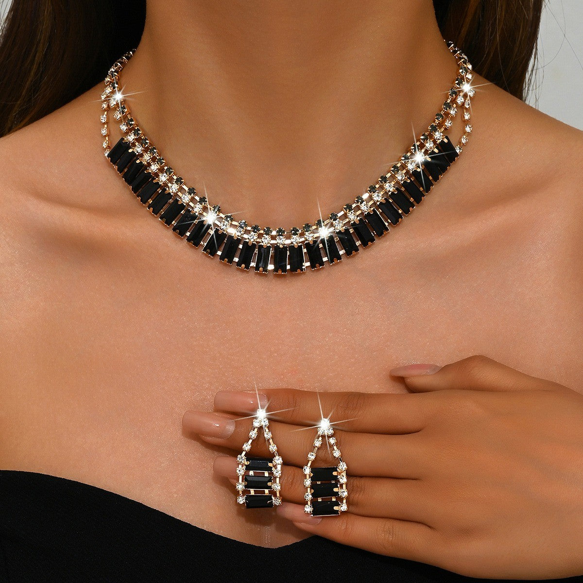 Black Ladder Crystal Necklace & Earring Set