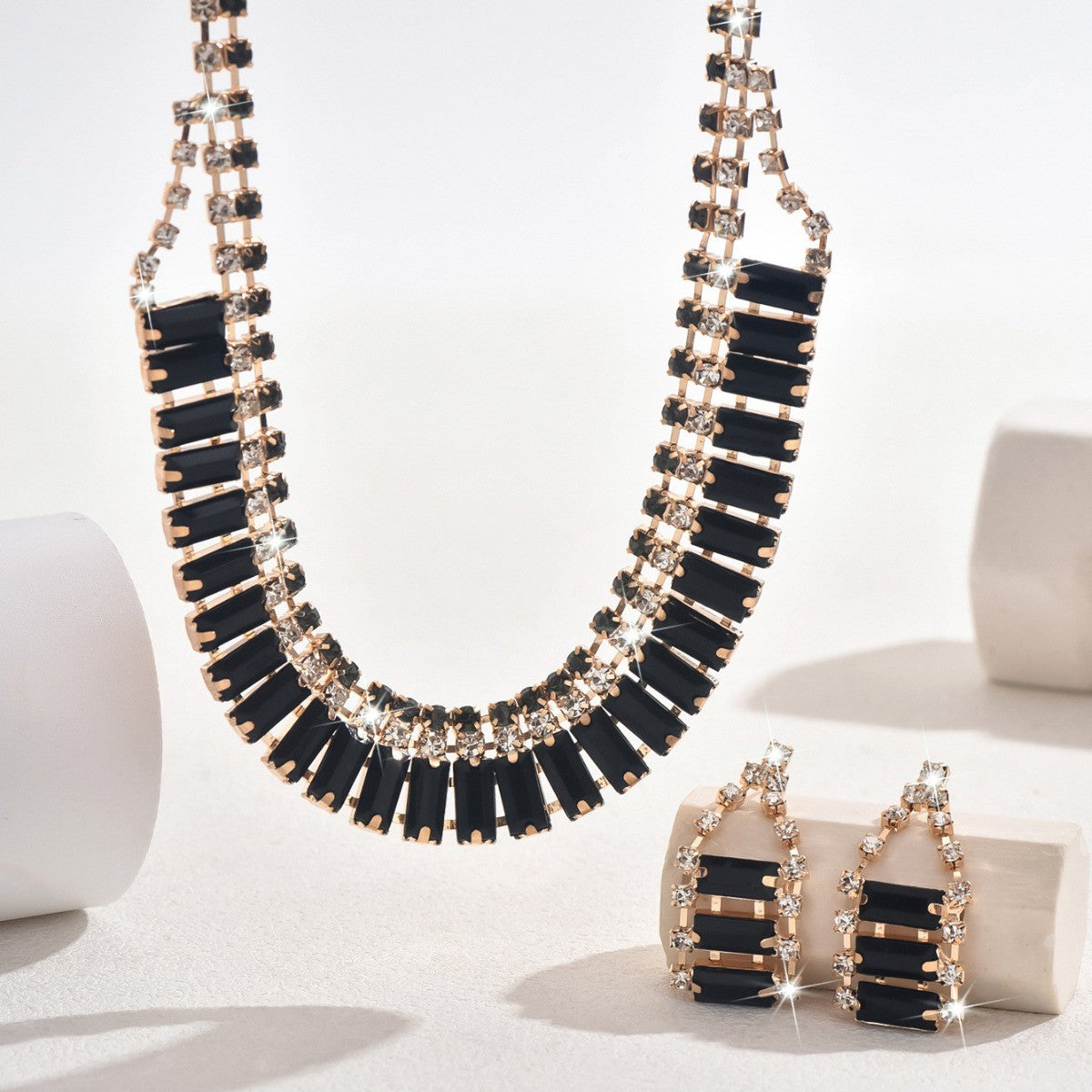 Black Ladder Crystal Necklace & Earring Set
